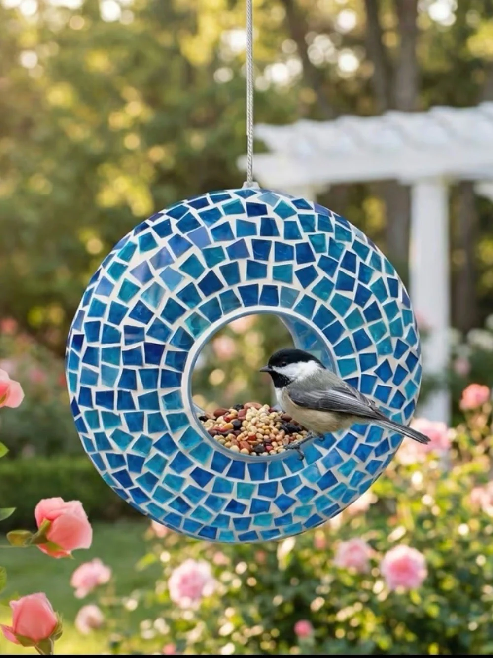 9.25” Blue Mosaic Hanging Bird Feeder - Decorative Outdoor Seed Feeder